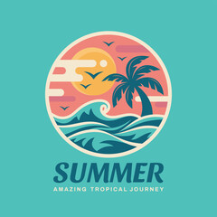 Summer tropical journey logo flat graphic design. Blue sea wave paradise vacation decorative badge logo sign. Creative t-shirt concept emblem. Vector illustration. - 710401455