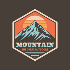 Mountain logo badge graphic design. Hiking climbing emblem. Expedition adventure outdoor sign. Vector illustration. Concept badge for t-shirt design. - 710401464