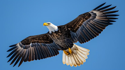 Fototapeta premium A stunning shot of a bald eagle soaring through the sky, symbolizing freedom and strength