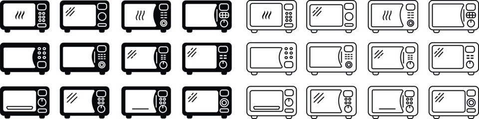 Set of Microwave oven icons. Home Kitchen appliance icons. Simple microwave oven in Flat styles with editable stock for templates, web designs and infographics isolated on transparent background. - obrazy, fototapety, plakaty
