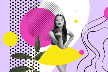 Creative collage picture illustration black white filter girlish charm lovely young lady pose model fashion sketch doodle colorful template