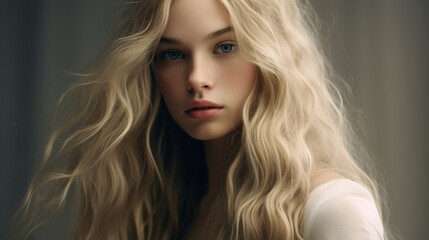 Fototapeta premium Sensibility Unveiled: Thoughtful Expression on a Young Female Model with Long Blond Hair