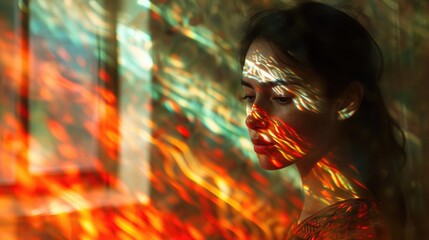 Surreal Portrait of a Person Blending into an Optical Illusion Background, a play of patterns and light in a day-lit room