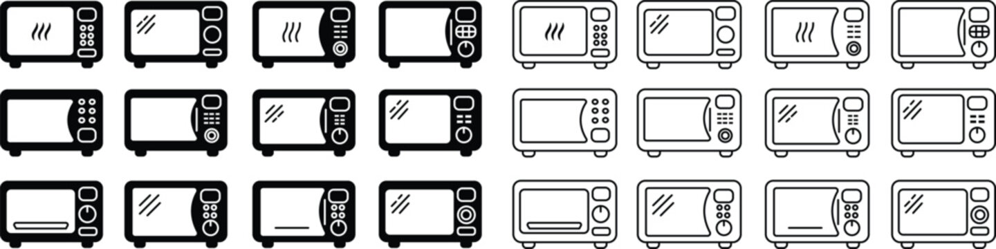 Set of Microwave oven icons. Home Kitchen appliance icons. Simple microwave oven in Flat styles with editable stock for templates, web designs and infographics isolated on transparent background.