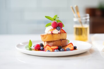 ciabatta french toast with syrup and berries - obrazy, fototapety, plakaty