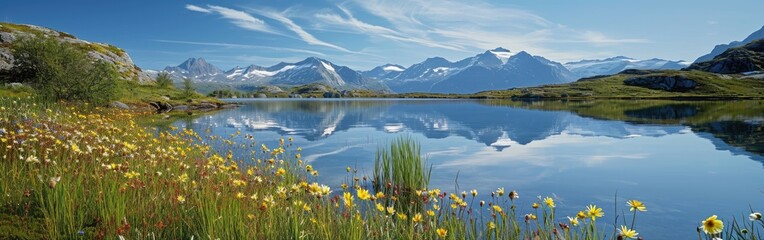 Fototapeta na wymiar Mountains & Wildflowers Frame Majestic Lake