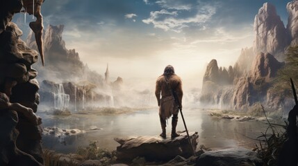 Neanderthal man, prehistoric human, tribal caveman in a dark cave, hunter from prehistoric era - obrazy, fototapety, plakaty