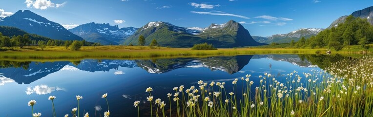 Majestic Lake in the Midst of Mountains and Grass