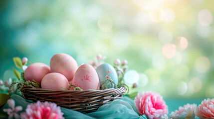 Fototapeta na wymiar Colorful Easter eggs in a pastel basket with peony flower bokeh background under sunlight