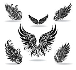 Collection of vector wings the style of engraving