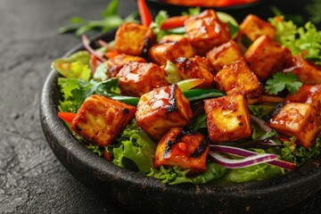 The Indian variant, called Paneer Sizzler, uses cottage cheese. Generative Ai. - obrazy, fototapety, plakaty