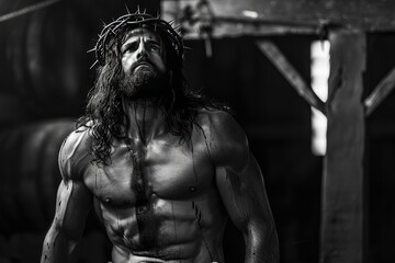 Fototapeta na wymiar Muscular stoic jesus christ, christus black and white.