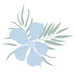 Decorative light-blue flower with green leaves in flat doodle style. Pastel colors flower and leaves vector for design. Composition of plant element. Isolated on white background.