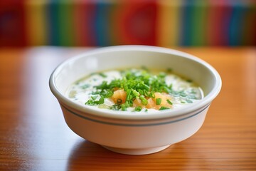 bowl of soup with a dollop of sour cream, chives sprinkle on top