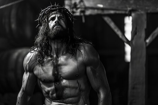 Muscular stoic jesus christ, christus black and white.