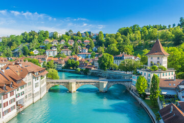 Aare river, Untertorbrucke bridge, cityscape of Bern, Switzerland