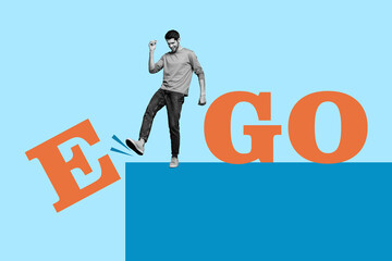 Creative image photo collage narcissistic young selfish confident man kicking letter egoistic...