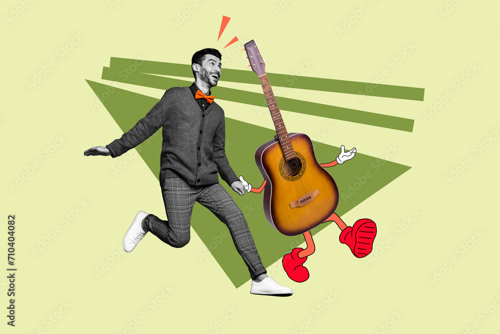 Poster creative collage photo image running young man guitarist fantasy dream walking guitar concert perfor