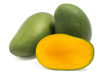 Half cut and two whole fresh organic green mango delicious fruit side view isolated on white background clipping path