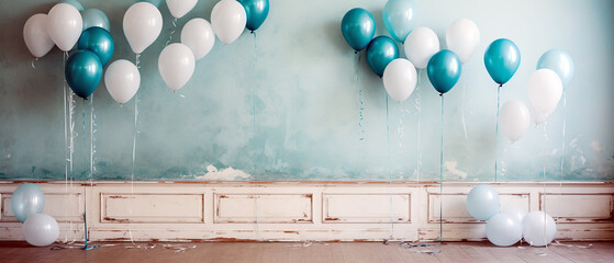 Sharp, detailed wide scale image full of many blue, turquoise and white balloons in front of a old,...