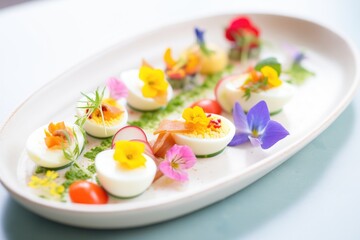 colorful deviled eggs with various toppings