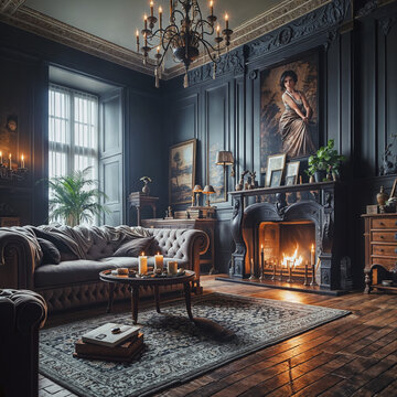 a living room with a couch and a fire place, a stock photo , pixabay contest winner, neo-romanticism, ominous vibe, stockphoto, stock photo