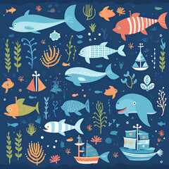 Create a pattern featuring adorable, stylized animals like dolphin in playful poses, PNG, 300 DPI