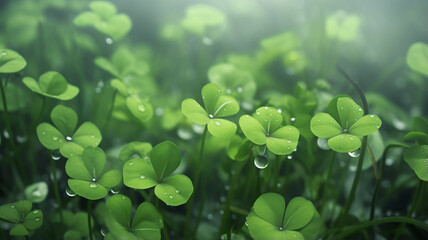 morning in the forest, fresh shoots shamrock in dew drops, forest sour green background nature