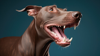 portrait of a joyful dog on a turquoise background