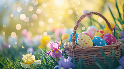 Colorful Easter eggs in a pastel basket on a bokeh background of blooming irises under the sunlight