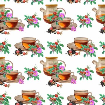 Teapot, cup of tea, rose hips, seamless pattern. Graphic illustration isolated on white background. Packaging, cards, covers, textiles, wallpaper.