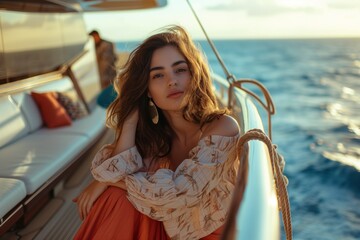 Beauty Model on a Yacht at Sunset. Generative AI.