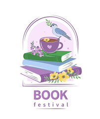 Book festival. Layout design for bookstore, library. Books with spring flowers. Vector illustration
