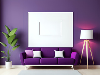 großer weißer Bilderrahmen über einem lila Sofa