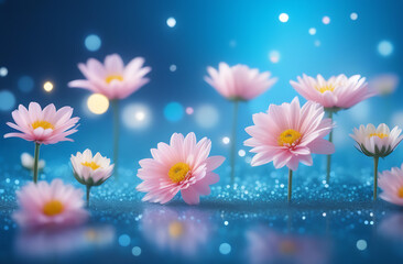 Fototapeta na wymiar Magic flowers. Pink chrysanthemums on blue background. Glitter and flying light on background. Cute botanical image for poster, banner or card design, spring and Summer flora
