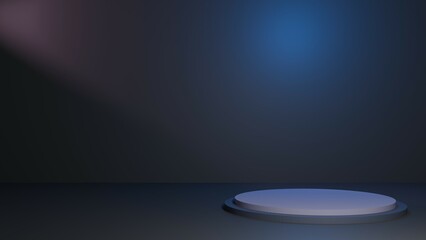 3D Rendering sifi Dark Blue background with podium Black showroom blue pink light
