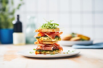 focaccia sandwiches stacked with prosciutto and arugula - obrazy, fototapety, plakaty