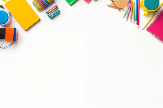 School supplies double side border banner. Top view on a white background with copy space. Back to school concept. isolated on a white background 