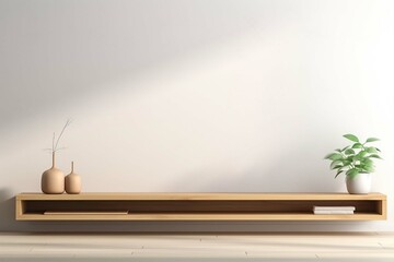 
Shelf tv in zen modern empty room, mock up minimal design, 3d rendering