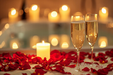 Bubble bath for two with rose petals and candle lights. two glasses of champagne in the foreground....
