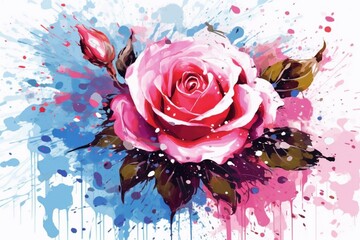 Rose painting with splashes on white background. Generative AI