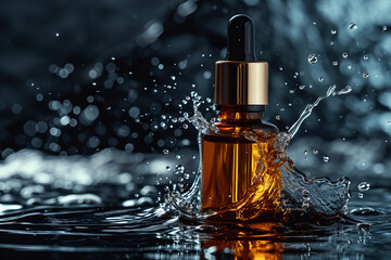 
Low key , dark colors, luxury product photography. cosmetic product oil or essence in a bottle with a dropper, with serum splash .Concept of beauty, skin, hair or body care - obrazy, fototapety, plakaty