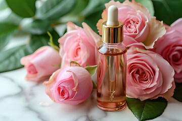 Natural cosmetic product oil or essence in a bottle with a dropper, with roses