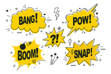 Set of comic speech bubbles isolated on white background. Expression funny style with text Pow, Bang, Boom, Snap. Banner, poster and sticker concept. Message Pow for web. Vintage design, pop art style - 710408461