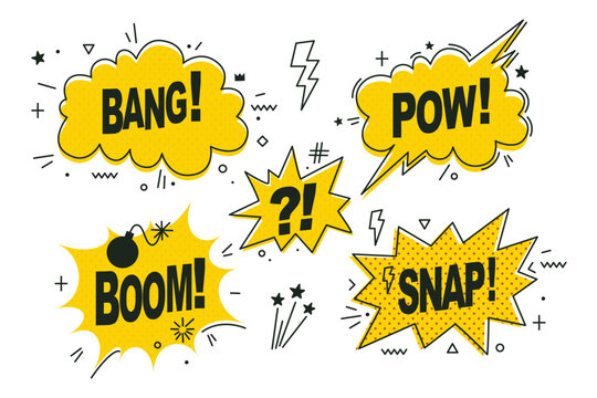 Set of comic speech bubbles isolated on white background. Expression funny style with text Pow, Bang, Boom, Snap. Banner, poster and sticker concept. Message Pow for web. Vintage design, pop art style