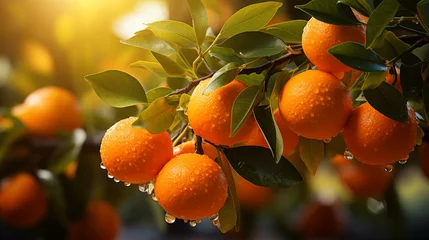 Foto op Plexiglas Ripe oranges, tangerines growing on a citrus branch with green leaves in an orchard. Sunny day. Bokeh effect. AI generative © sdmin_d