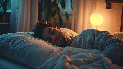Handsome young man sleeping in bed at home - obrazy, fototapety, plakaty