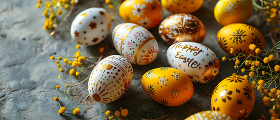 Obraz premium Easter eggs and mimosa on rustic background, closeup. Easter holiday celebration banner greeting card banner.