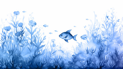 coral reef underwater, blue watercolor illustration, fish and corals ocean nature, cartoon image on white background - obrazy, fototapety, plakaty