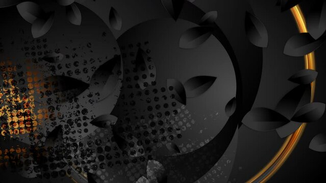 Golden black grunge retro background with leaves and circles. Seamless looping motion design. Video animation Ultra HD 4K 3840x2160